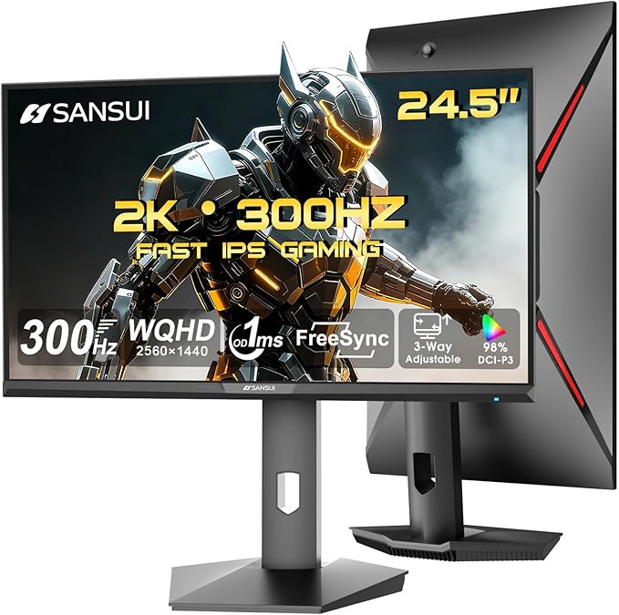 SANSUI 24.5 Inch QHD Gaming Monitor 300Hz, 1ms Fast IPS Computer Monitor, 2× HDMI 2.1 + 2× DP 1.4 Ports, 130% sRGB Eye Care VESA Support (DP Cable Included ES-G25F6Q Pro)