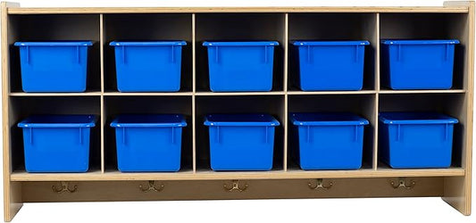 10 Section Cubby Wall Mounted Hanging Cubbies with Blue Storage Containers for Organizing Toys, Games, School Art and Craft Supplies