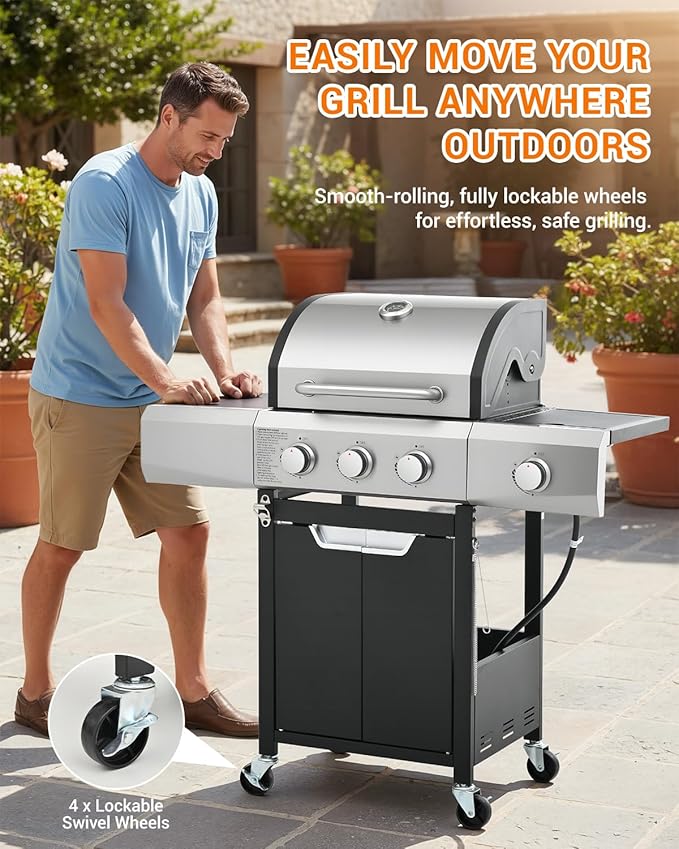 EUHOME 40,500 BTU 3-Burner Propane Gas Grill with Side Burner,Stainless Steel Outdoor BBQ Grill Portable with Wheels and Cast Iron Grates for Patio Garden Barbecue Cooking