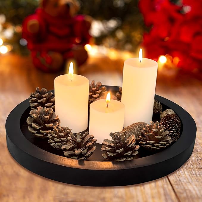 Rustic Decorative Wooden Serving Tray Home Decor Round Ottoman Coffee Table Trays Farmhouse Living Room Dinner Table Centerpiece Accessories Wood Candle Holder Tray for Kitchen Counter Bathroom Vanity
