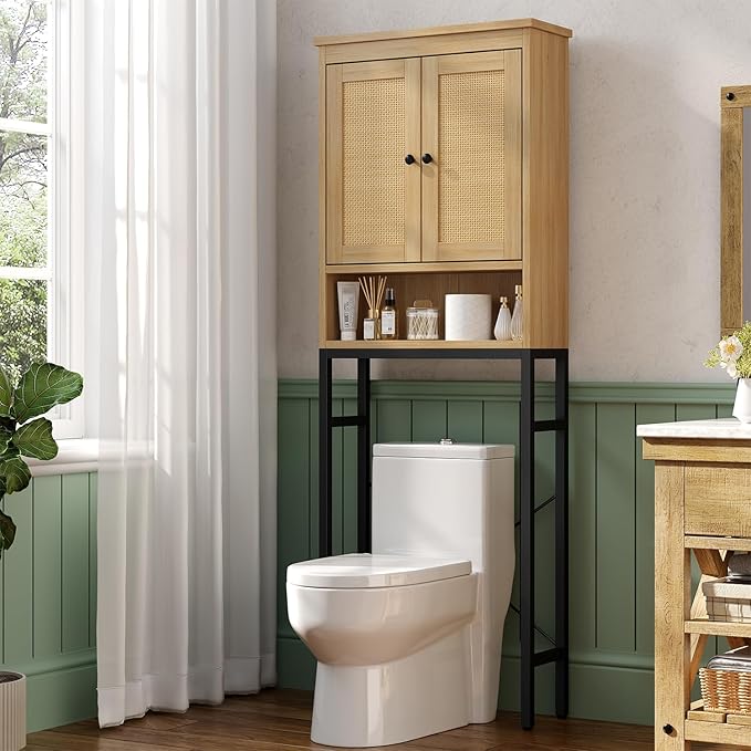 knoworld Rattan Over The Toilet Storage Cabinet, Metal Stand Above Toilet Bathroom Organizer, Behind Toilet Cabinet with Adjustable Shelf, Space Saver for Restroom, Bathroom, Laundry, Natural