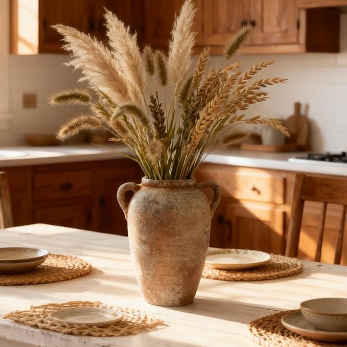 Ceramic Flower Vase with Handles Home Decor - 9 Inch Farmhouse Rustic Table Vases Living Room Decoration Decorative Vintage Pottery for Kitchen Shelf Dining Bookshelf Fireplace Centerpiece (Rustic-9")