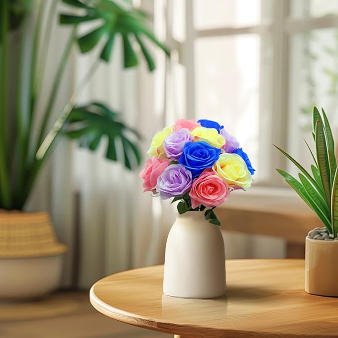 12 PCS Rose Artificial Silk Flowers, Fake Roses with Long Stems Realistic Faux Rose Flower Bouquets for Home Wedding Decoration Party-Mix Color