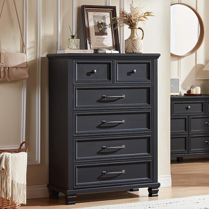 Farmhouse 6 Drawer Dresser for Bedroom, 45 Inch Tall Vintage Wood Chest of Drawers, Mid-Century Dressers w/Square Wooden Legs, Rustic Storage Organizer for Living Room, Hallway, Black