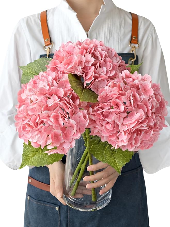 Real Touch Pink Hydrangea Artificial Flowers,3Pcs 21” Large Royal Faux Silk Flowers, Fake Artificial Hydrangeas for Christmas Kitchen Home Wedding Bouquet Centerpieces Tables