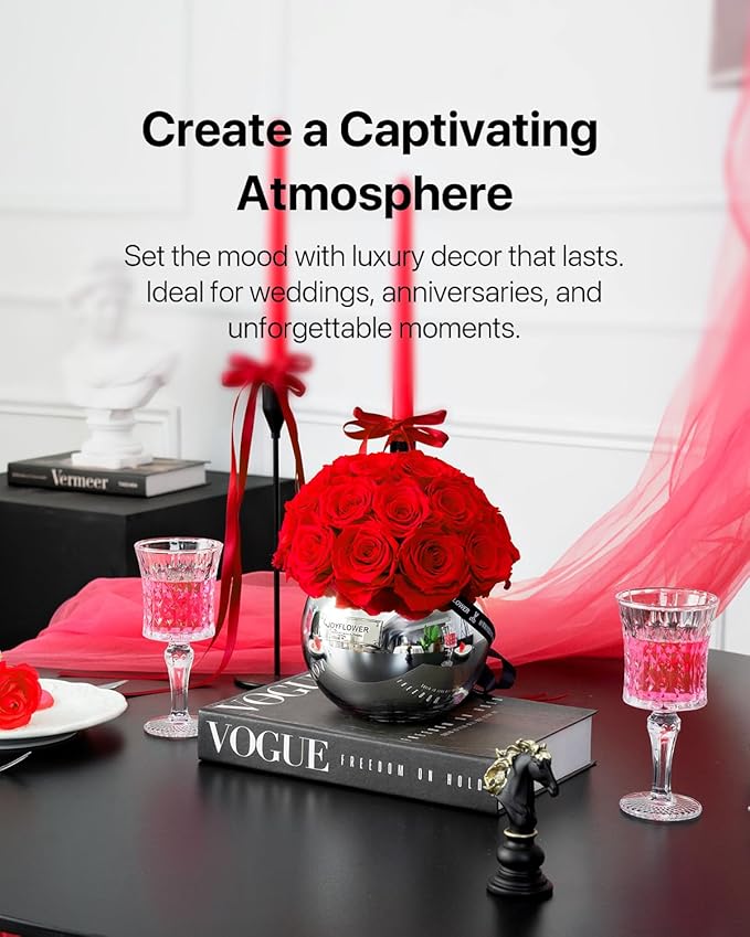 JoyFlower Preserved Flowers for Home Decor, Eternal Flower Real Roses with Glass Vase for Wedding House Bedroom Dining Living Room Office Table Centerpiece Decoration, Housewarming Party Gifts(Red)