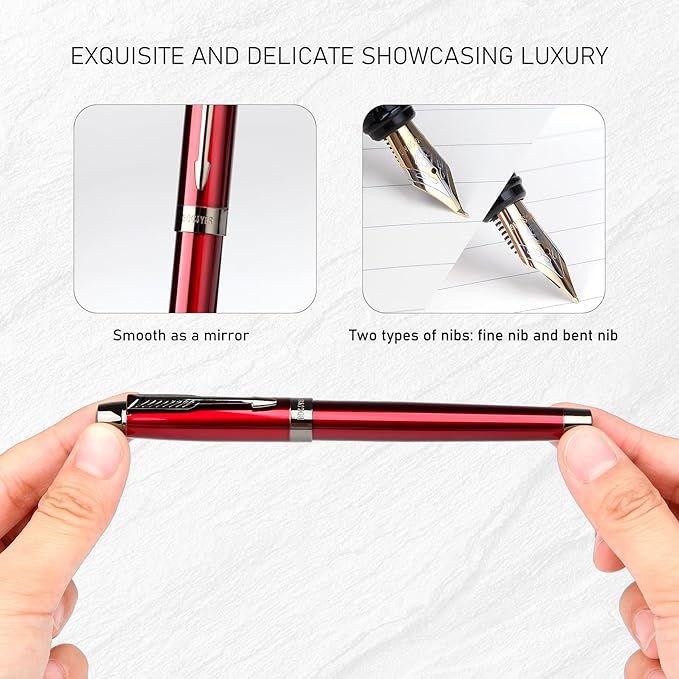 BOCIYER Fountain Pen with Fine Nib & Black Ink, Refillable & Elegant Bent Nib Design, Calligraphy Pens for Writing, Best Fountain Pen for Smooth & Fancy Writing (Red)