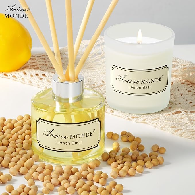 Reed Diffuser & Scented Candle Gift Set, Lemon Basil Oil Diffuser Sticks, Fragrance Diffuser & Soy Wax Candles in Glass Jar, Natural Soy Candles Gifts for Home Decor