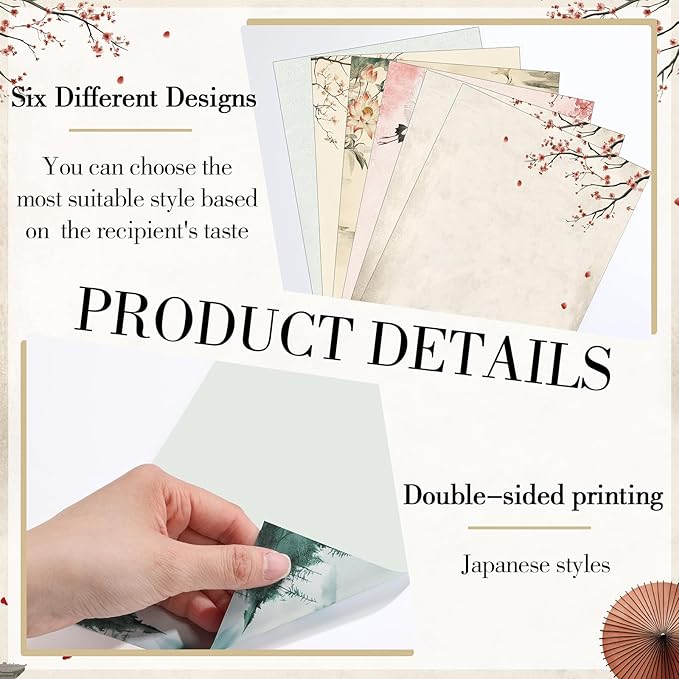 Supervitae 120 Sheet Japanese Stationery Paper for Letter Writing Scrapbook Paper Crafting Printing, 8.27" x 5.51", Double Sided Printing, 6 Watercolor Designs