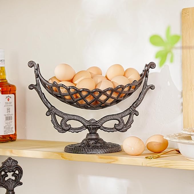 Sungmor Vintage Cast Iron Fruit Basket Bowl – Rustic Decorative Countertop Fruit Holder, Heavy-Duty Metal Kitchen Organizer, Antique Farmhouse Table Centerpiece, Black