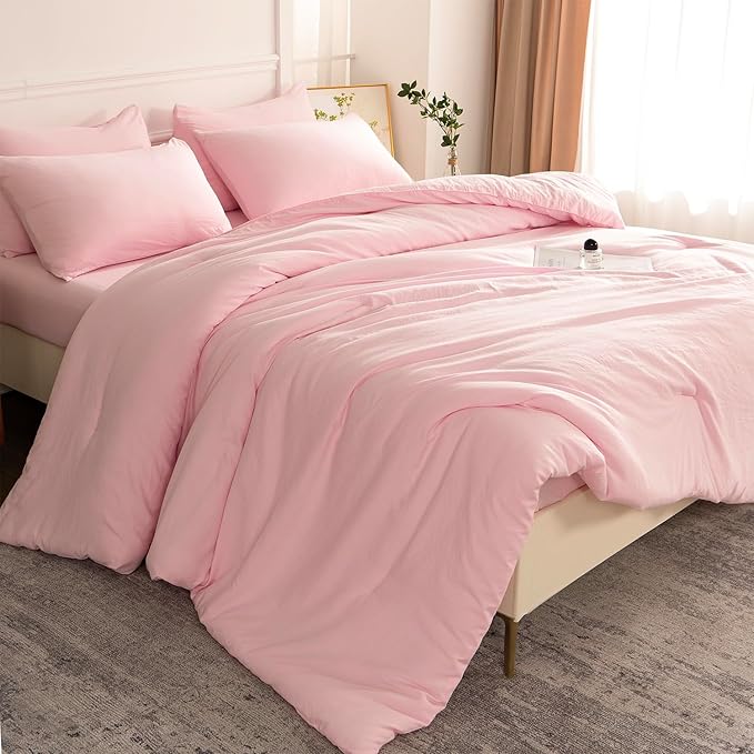 Pink Comforter Set Queen 3 Pieces Soft Bedding Bright Comforter Queen Light Pink Style Lightweight Comforter Set for All Seasons 1 Comforter and 2 Pillowcases