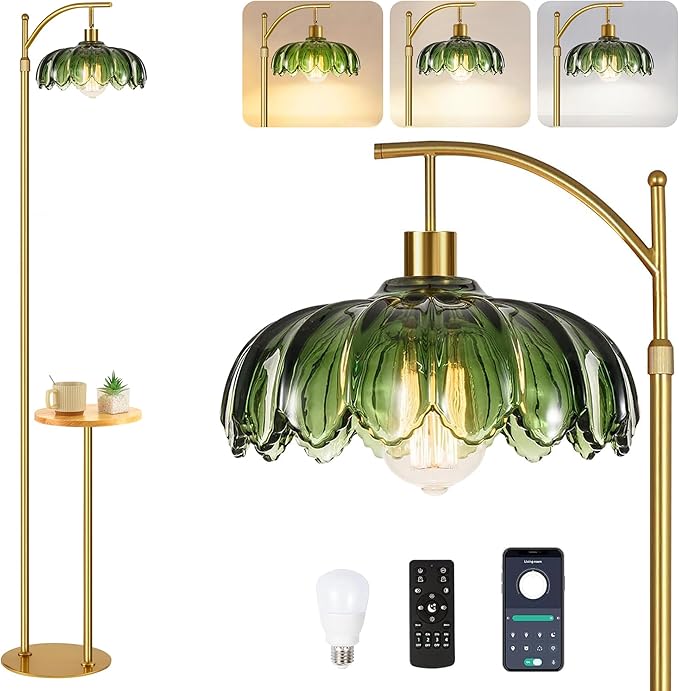 QIYIZM Glass Floor Lamp with Table and Shelves for Living Room Bedroom,Gold Standing Lamp with Remote Dimmable,Boho Brass Tall Lamp Vintage Farmhouse Arc Green Flower Floor Light Bohemian