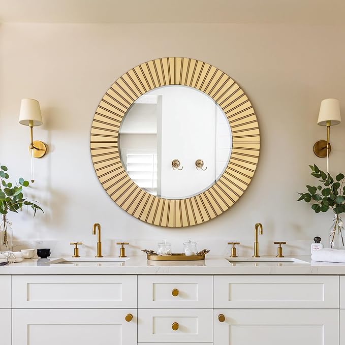 Chende Round Gold Mirror, 36'' Large Decorative Mirror for Wall with Wood Frame, Elegant Accent Gold Mirrors for Living Room, Entryway, Bathroom