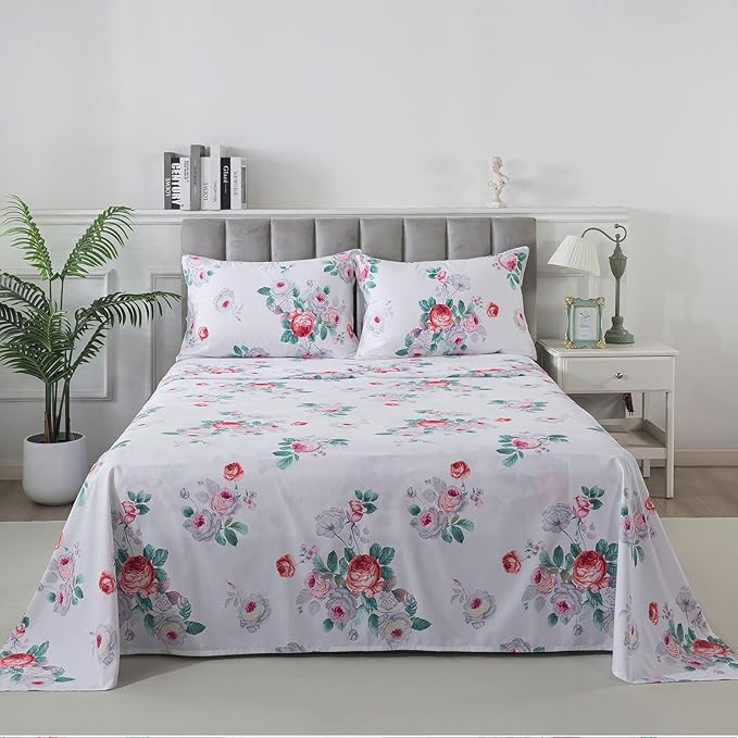 FADFAY Red Vintage Peony Floral King Size Sheets Set 100% Brushed Cotton Shabby Purple Rose Pattern Bedding Set Deep Pocket Sheets with 2 Pillowcases Luxury Breathable Soft 4pcs, King Size