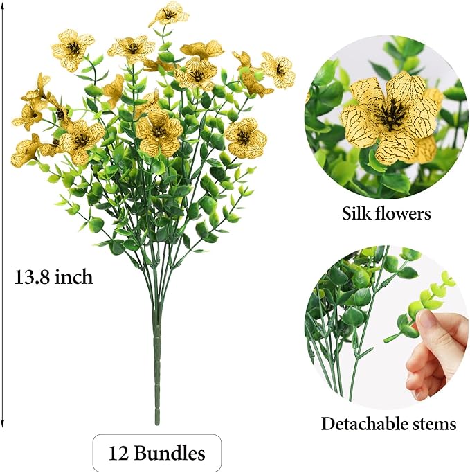 Artificial Flowers Outdoor Faux Plants UV Resistant Fake Patio Flowers Plastic Greenery Plnats Outside Bulk for Spring Garden Hanging Planter Home Vase Decor, 12 Bundles (Yellow)