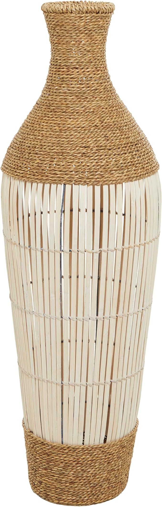 Deco 79 Seagrass Handmade Decorative Vase Wrapped Tall Floor Centerpiece Vase with Cream Slatted Bamboo Center, Vase for Home Decoration 13" x 13" x 40", Brown