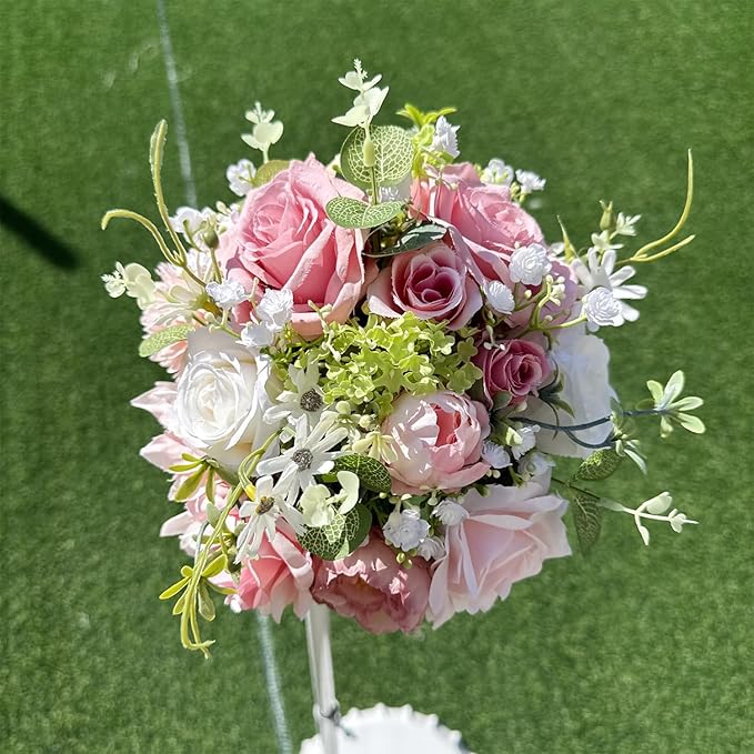 8.6in Blush Wedding Bouquets for Bride Bridesmaid, Pastel Pink White Green Bouquet Artificial Fake Silk Roses Flowers for Wedding Spring Garden Boho Rustic Decoration Toss Bouquet