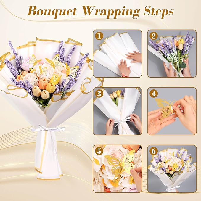 cridoz 20 Sheets Flower Bouquet Wrapping Paper with 12 Pieces Gold Butterfly Decorations for Flower Bouquets, Waterproof Floral Bouquet Wrapping Paper for Flower, Gift Wrapping(White)