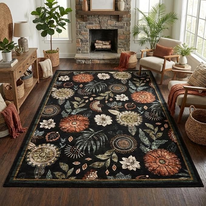 Area Rug 5x7 Modern Floral Washable Rug Non Slip Living Room Rugs Non Shedding Soft Bedroom Floor Mat Low Pile Soft Thin Boho Botanical Carpet for Nursery Kitchen Office Dorm, Black