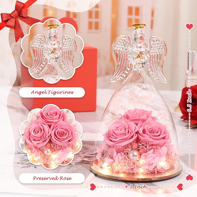 ANWEAO Mothers Day Flowers Gifts for Mom,Angel Gifts for Women,Birthday Gifts for Women,Preserved Real Rose in Glass Angel Figurines,Preserved Flower Gift for Grandma Mom Wife Girlfriend