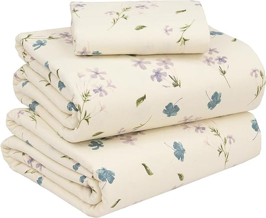 RUVANTI Flannel Sheets Twin XL Size - 100% Cotton Double Brushed Twin XL Sheet Sets, Deep Pockets 16 Inches, All Seasons Breathable & Extra Soft Bed Sheets, Warm & Cozy, 3 Piece, Jasmine Stamp Cream