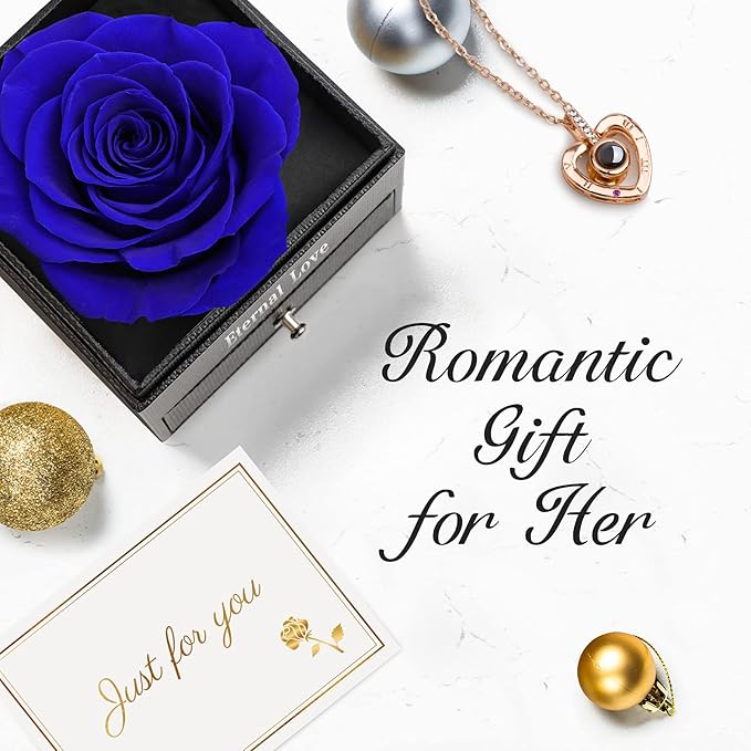 for Mom Wife Women Girlfriend Her, Preserved Real Rose with I Love You Necklace in 100 Language, Eternal Real Rose Flower Gifts for Valetine's Day Birthday Anniversaries