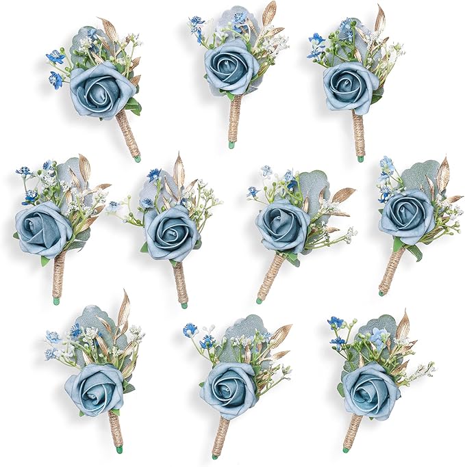 Rose Boutonnieres for Men Wedding Groom and Groomsmen Boutonniere for Rustic Fall Vintage Wedding Prom, Dusty Blue,Set of 10