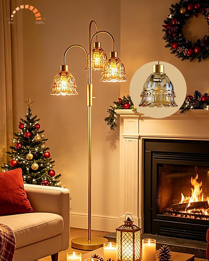 3-Light Glass Floor Lamp with Amber Ribbed Glass Shades, 70" Gold Dimmable Tall Standing Lamp with 3PCS 3000K Warm White Bulbs, Modern Tree Pole Lamp for Living Room Bedroom Home Office Corner Decor
