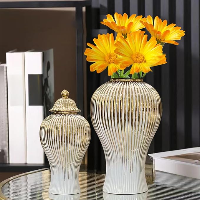 Ginger Jar, White Gold Ceramic Vase Large Handmade Porcelain Vases with Lid, White Gold Decorative Flower Vase for Home, Living Room, Weddings, Centerpieces (B-Medium)