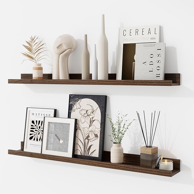 RICHFOCUS Picture Ledge Shelf, 30 inch Floating Shelves Set of 2, Wood Wall Shelves with Lip, Wall Decor Storage for Bedroom Living Room Bathroom Kitchen Nursery Photo Picture, Walnut