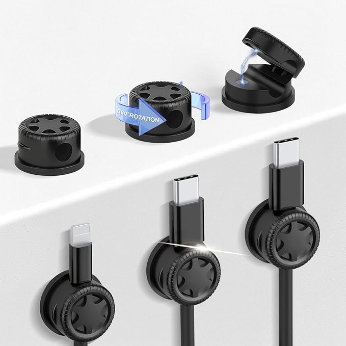 6 Pack Cord Organizer Magnetic Cable Clips, 360° Rotation Cable Clips - Adjustable Cord Holder for Nightstand, Adhesive Cable Management Cord Clips, Cable Holder & Charger Organizer（Black