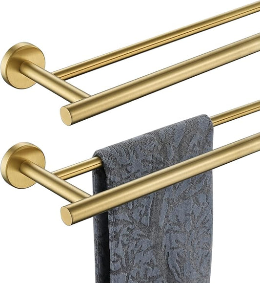 JQK Gold Double Towel Bar, 20.5 Inch 304 Stainless Steel Thicken 0.8mm Towel Rack Bathroom, Towel Holder Brushed Gold Wall Mount, Useable Length 18 Inch 2 Pack, TB100L18-BG-P2