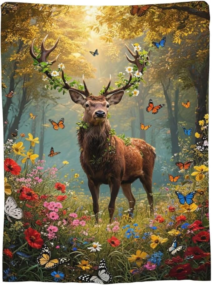 Forest Deer Blanket Hunting Elk Throw Blanket Wildlife Soft Cozy Fleece Fuzzy Stuffed Plush Flannel Gifts for Girls Women Boys Kids Adults 40''x50''