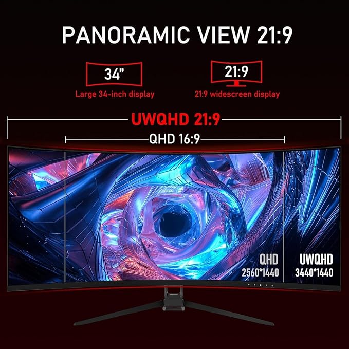 ZZA UltraWide 34 inch Curved Monitor 1500R PC Screen 180hz Refresh Rate WQHD 3440x1440 Computer Gaming Monitor VA PanelAMD FreeSync Premium | HDR10 | 99% sRGB | VESA