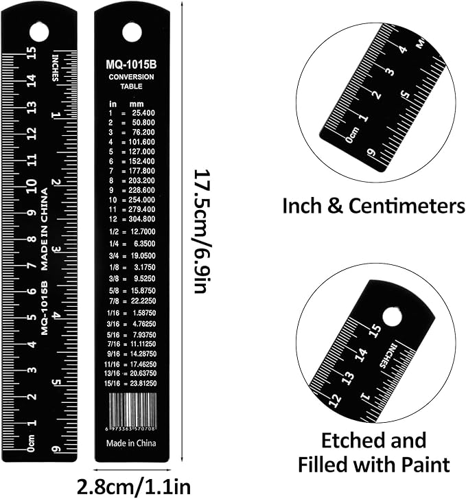 2Pcs 6 Inch 15cm Metal Ruler Set, Stainless Steel Metric Rulers with Centimeters Millimeters Inches, High Contrast Measuring Ruler for School Geometry Office Crafting(Black)