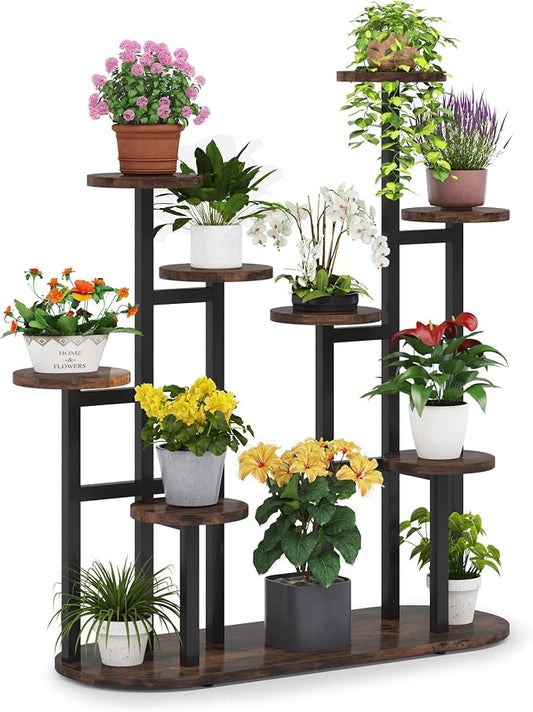 LITTLE TREE Multi-Tiered 11 Potted Plant Stand Indoor Tall Plant Shelf Flower Stands Plant Rack for Garden Balcony Living Room, Rustic Brown