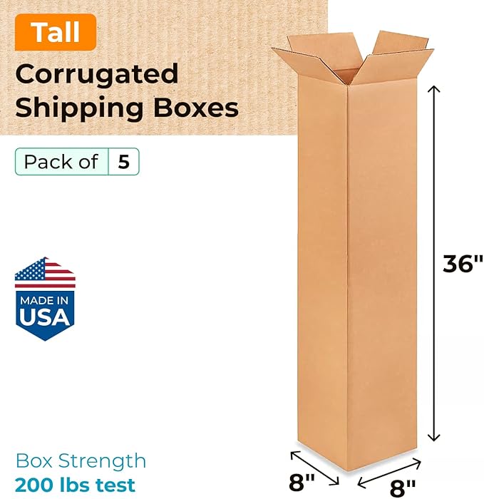 Tall Moving & Shipping Boxes 8 x 8 x 36 inches (5-Pack) - Extra Strength 200 lb vs Regular - Corrugated Packing Boxes for Delivery - Packaging Box for Shipping by IDL Packaging