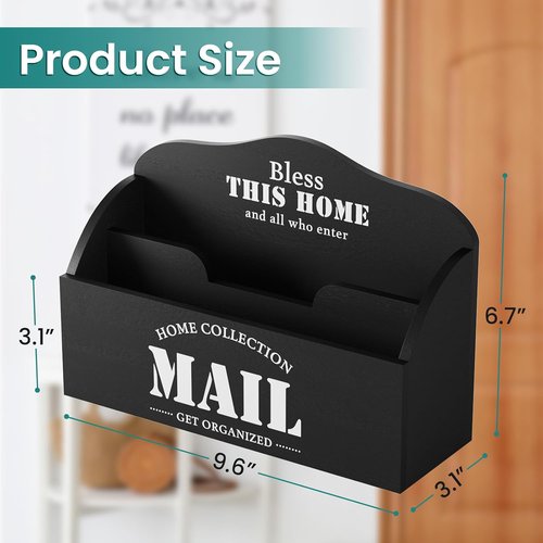 Mail Organizer | Skiennix 2-Slot Mail Holder - Stylish Black Wood Desk Sorter for Home Office