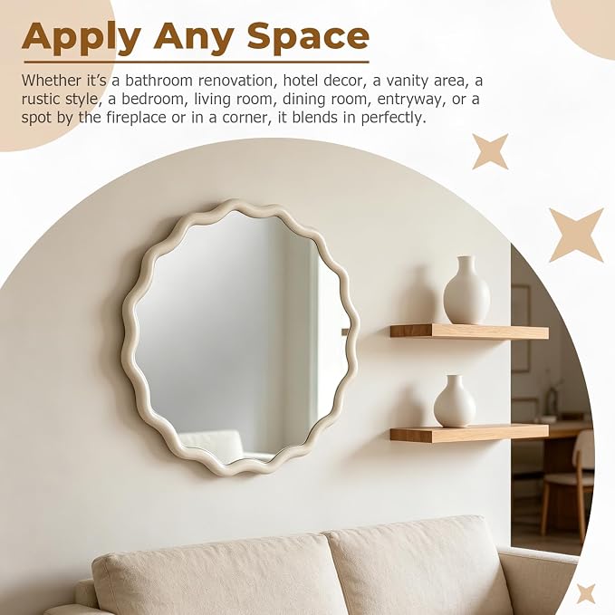 24" Wavy Edge Round Mirror, Solid Wood Framed Wall Decor with Clear Reflection for Bathroom, Bedroom, Living Room & Entryway (White)