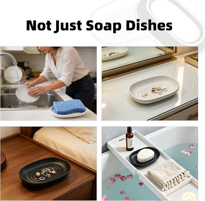 Ceramic Soap Dish for Bathroom & Kitchen Sink- Black Matte Textured Finish Bar Soap Holder for Shower - Easy to Clean Small Simple Oval Soap Dishes Holders for Bar Soaps, Sponges, Jewelry