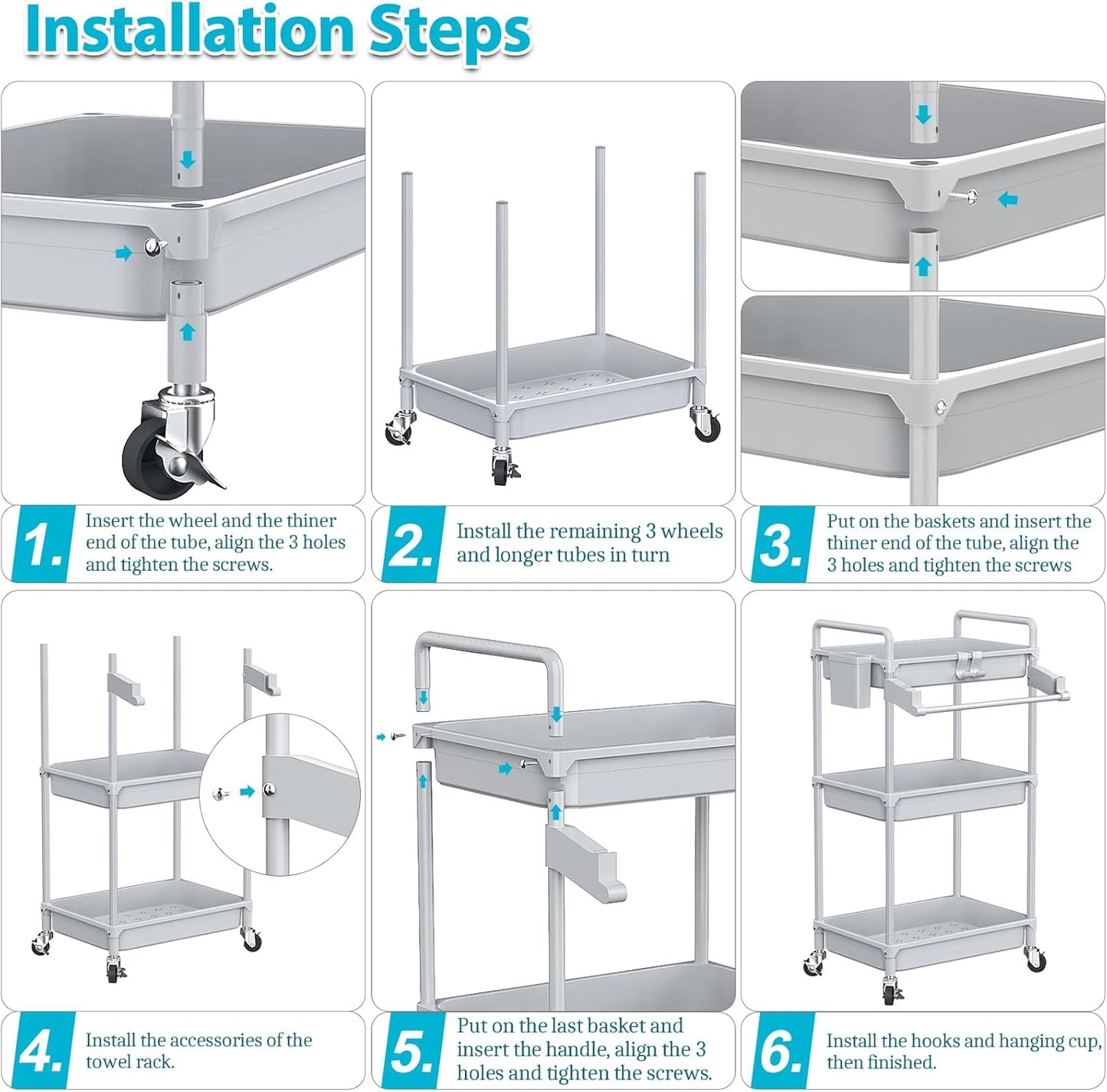 SPACEKEEPER Rolling Storage Cart - 3 Tier Utility Cart for Laundry & Bathroom Organization | Grey with Lockable Wheels & Hooks