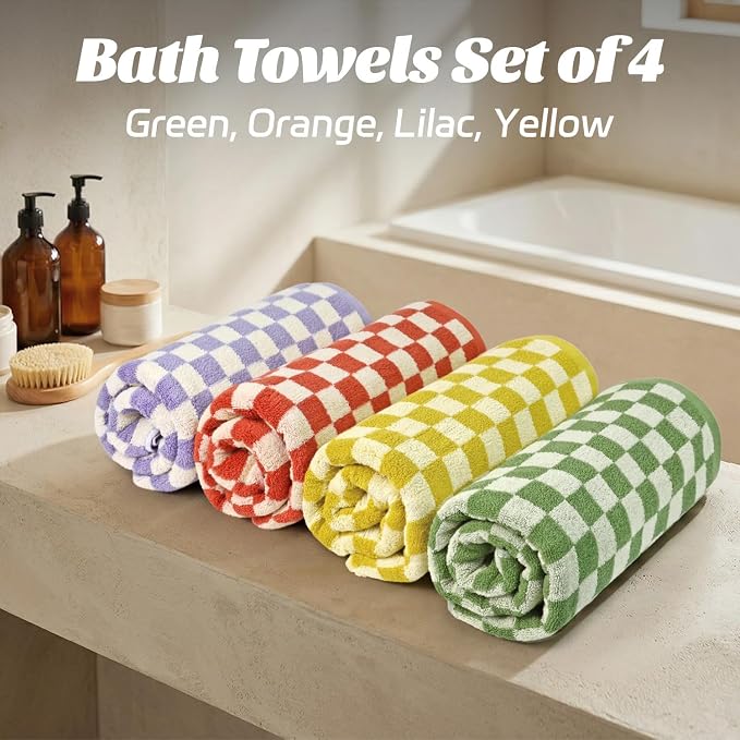 Jacquotha Checkered Bath Towels Set of 4-100% Cotton Towels for Bathroom, Shower, Pool & Beach (Purple, Yellow, Green, Orange), 520GSM