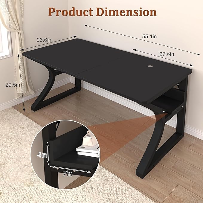 55 inch Computer Desk, Home Office Desk with Storage Shelf, Sturdy U-Shaped Metal Frame Study Table with Cable Management, Gaming Desk for Office & Bedroom (Black, 55 inch)