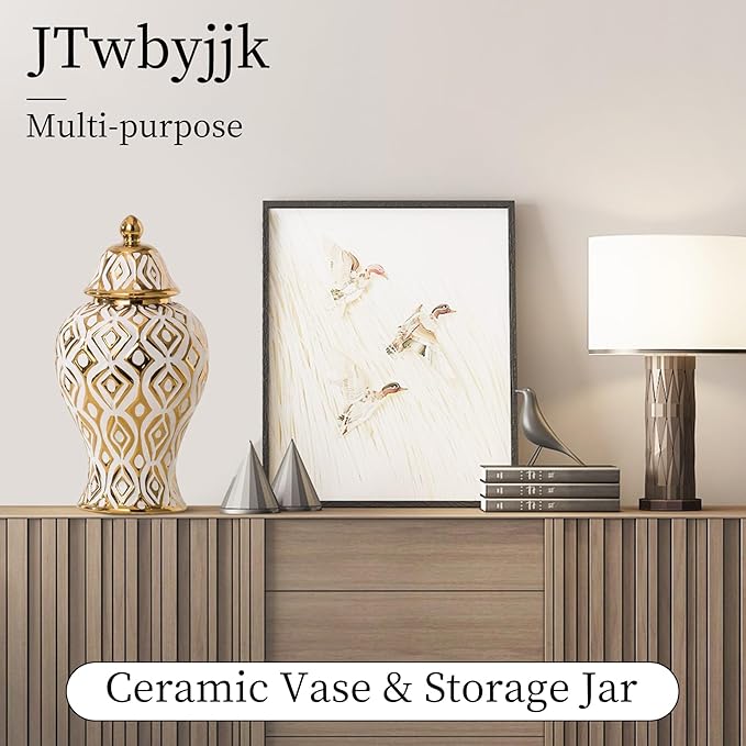 White and Gold Vase with Lid, Ginger Jars for Home Decor, Ceramic Flower Vase for Home, Kitchen, Bookshelf Decor, Storage jar, Table Center Vase, Centerpieces Jarrones(11in)