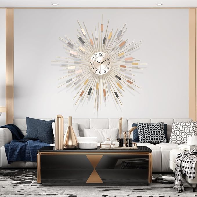 24" Large Sunburst Wall Clock, Boho Modern Farmhouse Metal Decorative Clock, Silent Non‑Ticking Battery Powered, Mid‑Century Starburst Art Decor for Living Room Bedroom Office Home