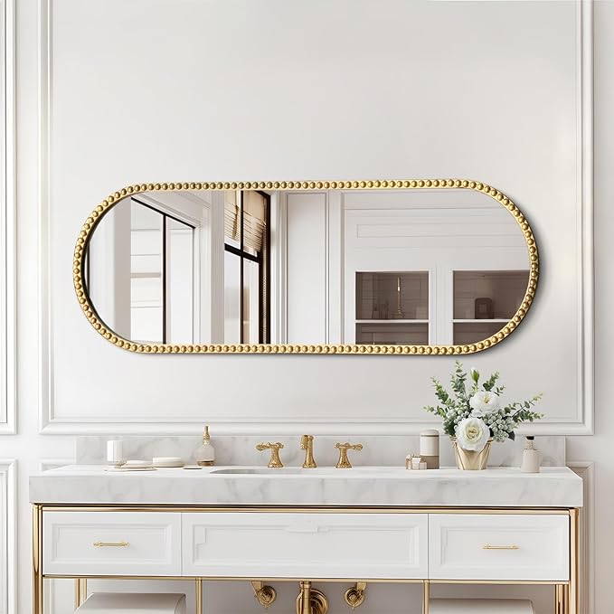 Antique Gold Full Length Mirror Oval Full Body Wall Mirror Baroque Beaded Mirrors Gold Metal Framed Decorative Wall Mirror for Bedroom Entryway 47"X16"