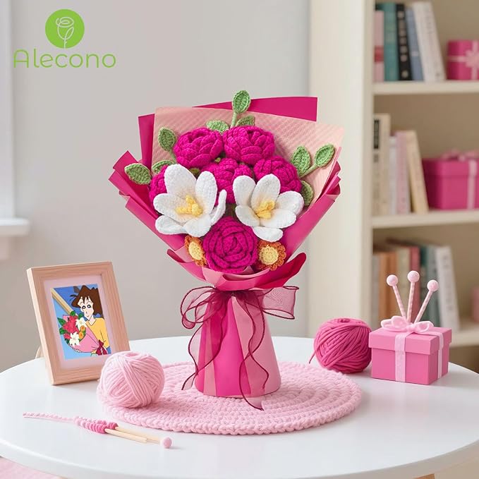 Alecono Crochet Flower Bouquet, Hot Pink Knitted Flowers, Crochet Tulip Rose Flower for Lover Anniversary Birthday Party Mother's Day Graduation Gifts (Include Card)