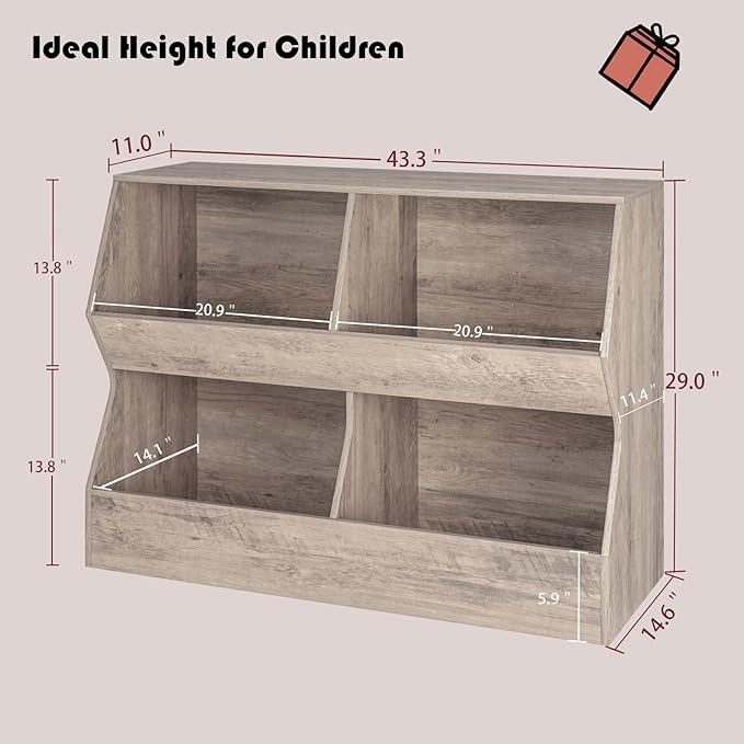 DINZI LVJ Kids Bookshelf, Toy Storage Organizer, Wooden Toy Storage Cabinet, 4 Cubby Children Bookcase, 43.3" L Toddler Book Shelf for Bedroom, Nursery, Hallway, School, Greige