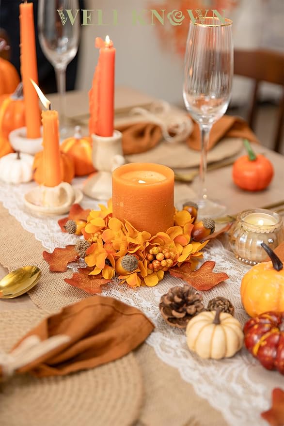 2 Pcs Mini Orange Acorn & Berry Candle Rings Wreaths for Pillars Home Table Window Decor, 9" Artificial Hydrangea Flower Cabinet Wreath for Fall Winter Kitchen Farmhouse Wedding Christmas Party Gift