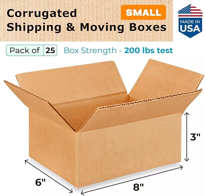 IDL Packaging Small Moving Boxes - 8"L x 6"W x 3"H (25-Pack) - Extra Strength 200 lb Corrugated Packing Boxes